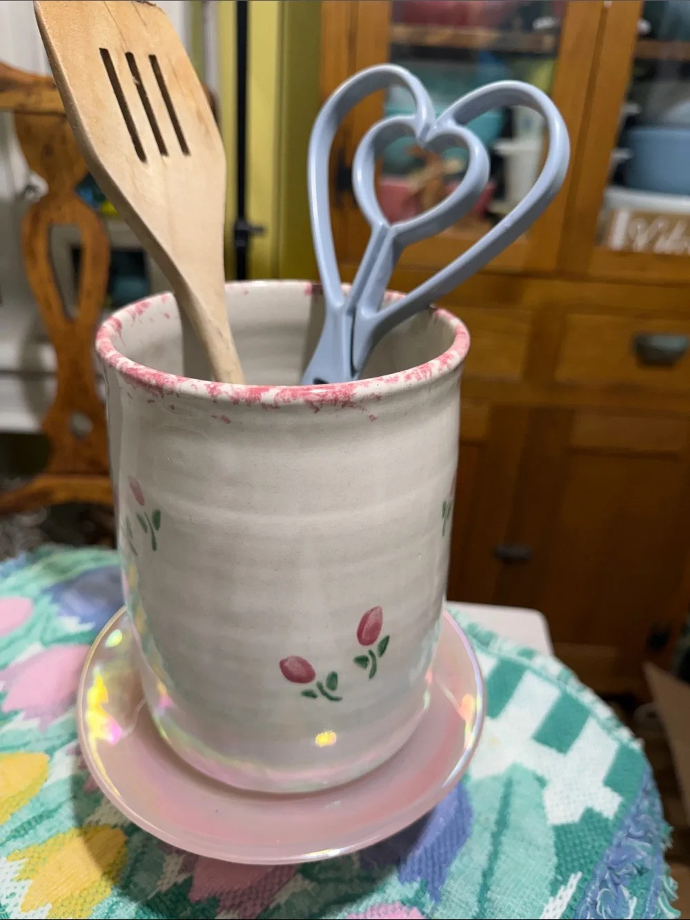 Vintage stoneware crock Utensil Holder cottagecore  Floral pink sponge-ware